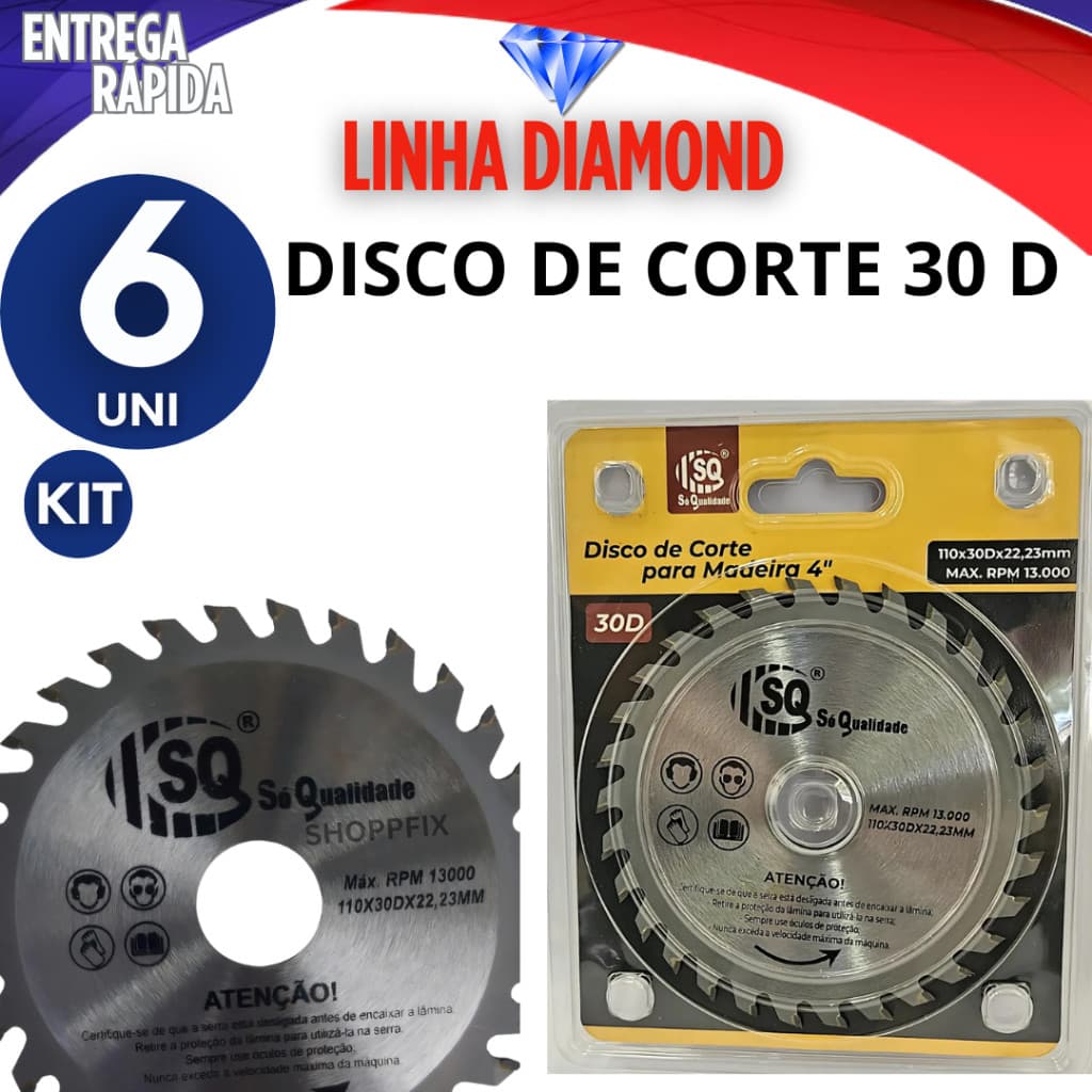 JOGO 6 DISCO DE CORTE 30 DENTES PARA MADEIRA  serra circular