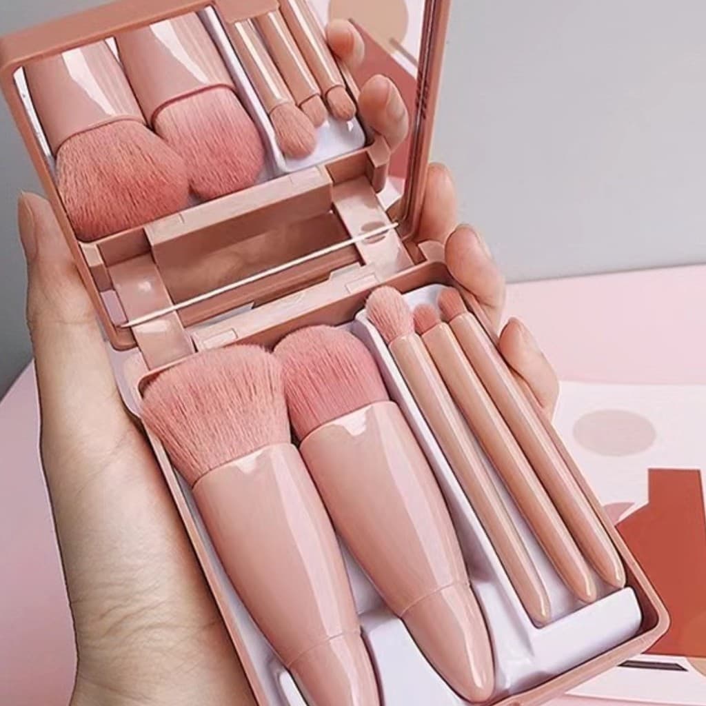 Mini Espelho De Maquiagem Portátil Com Kit 5 Pincéis De Maquiagem Bolso Dobrável Maquiagem