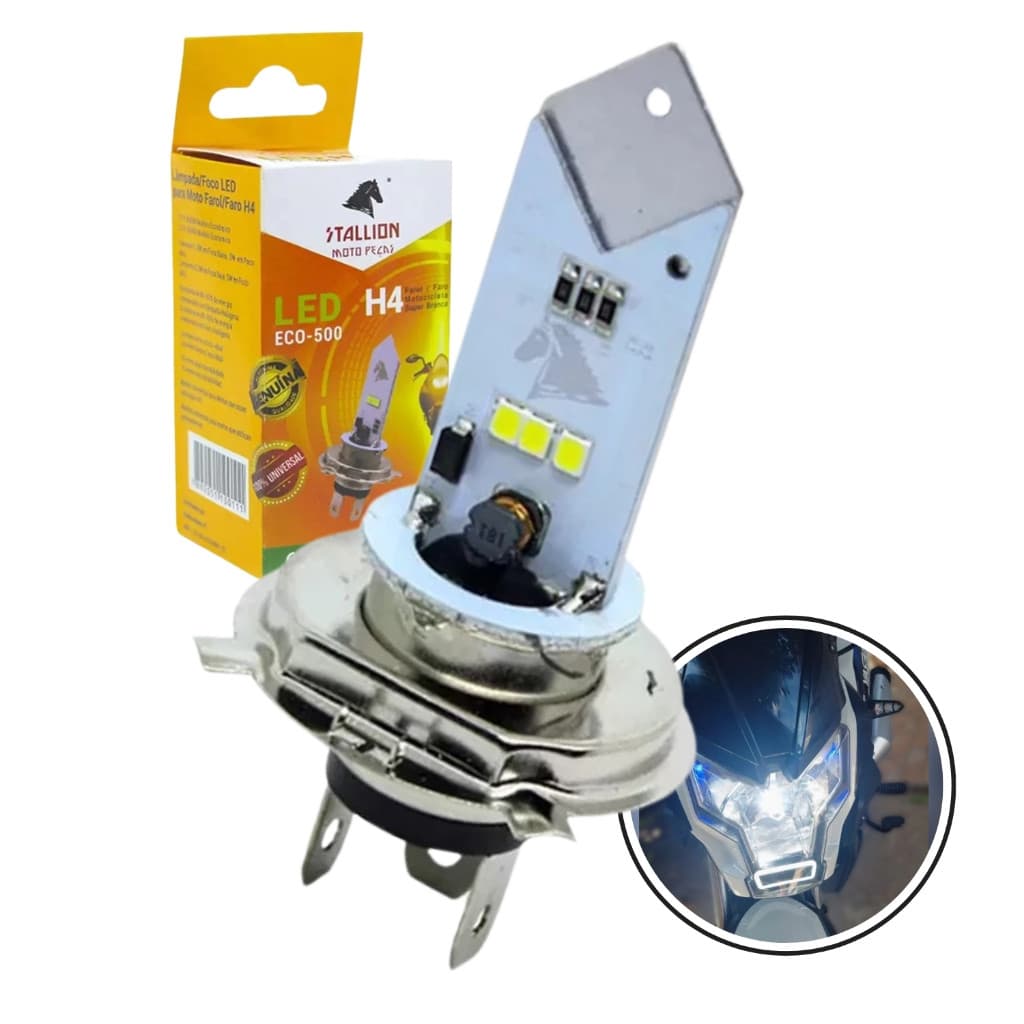 Lâmpada Farol Led Eco H4 Eco Moto Carro 6500k Stallion Cavalinho Cb 300