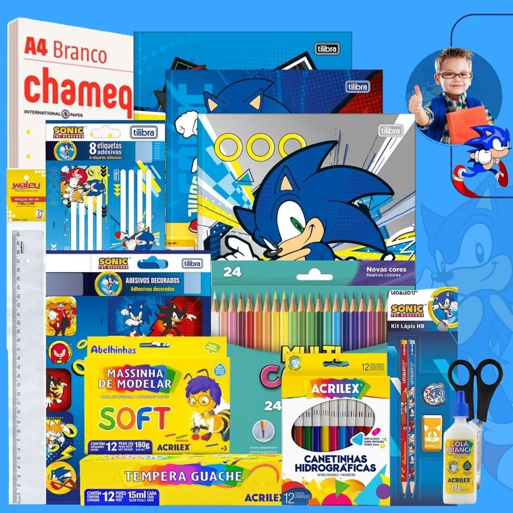 Kit Material Escolar Sonic Volta As Aulas 73pcs com Cadernos Completo Ensino Fundamental ou Infantil