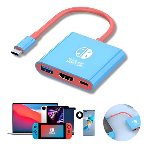 Adaptador 3 Em 1 Usb C Hub Tipo Estação Para Nintendo Switch Azul/vermelho