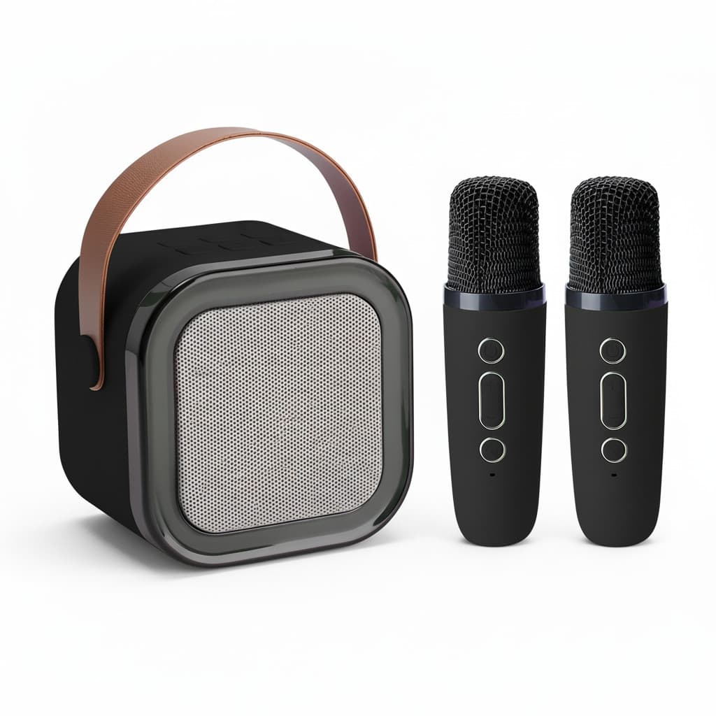 Karaokê Portátil Bluetooth com Duplo Microfone Sem Fio Caixa de Som LED