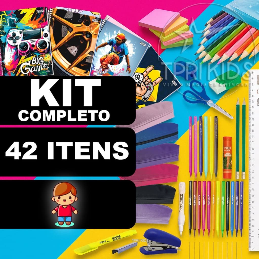 Kit Material Escolar Completo Menino Volta às Aulas Caderno Lápis Caneta Estojo Borracha Fundamental
