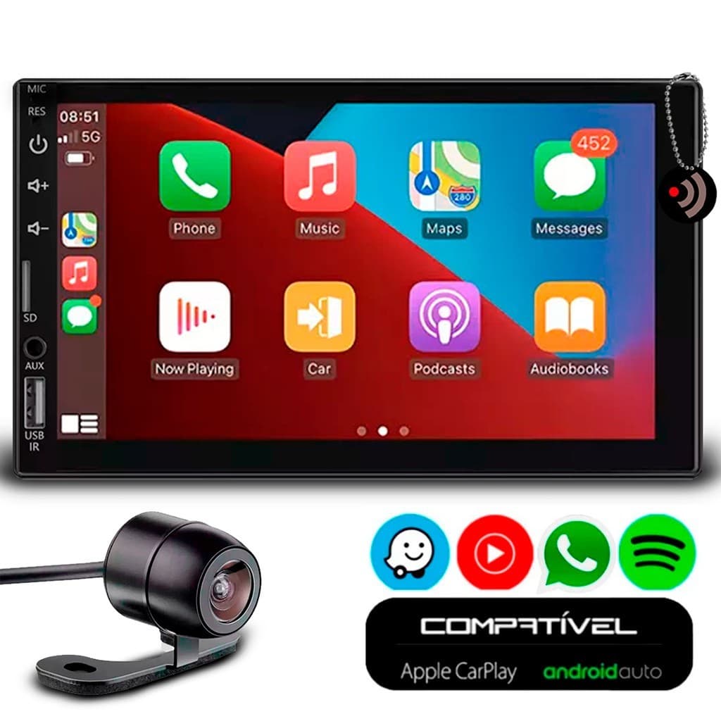 Central Multimídia 2DIN 7" MP10 Tela Ajustável Touchscreen, CarPlay Android Auto Bluetooth 5.0