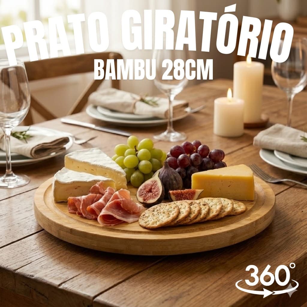 Petisqueira Giratória Bambu 28cm Tábua Frios Bandeja Petiscos Mesa Posta Café da Manhã 360 Cozinha Decoração