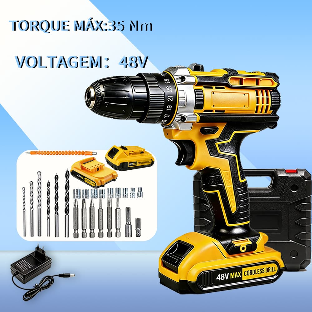 Conjunto de Furadeira/Parafusadeira de Impacto/Chave De Impacto Sem Fio Completo com Acessórios Profissionais - 12V/48V