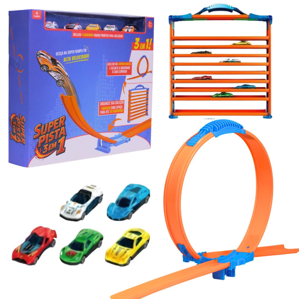 Super Pista 3 em 1 Loop Rampa E Garagem Expositora Com 5 carrinhos - Castela