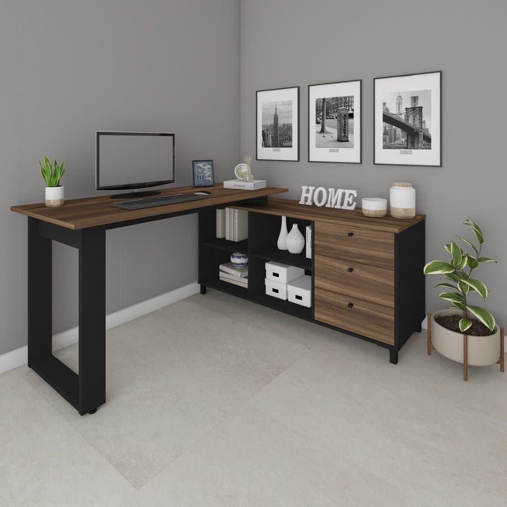 Escrivaninha Mesa Escritório e Home Office em L Home Office 3 Gavetas 4 Nichos 160,3cm Industrial Ipê E Preto