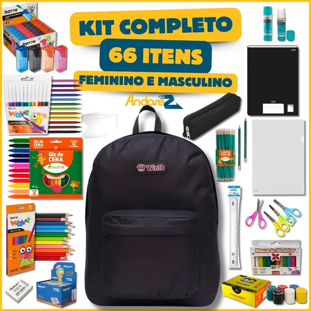 Kit Material Escolar Completo Com Sem Mochila 66 ITENS Educação Infantil Mochila Masculino Feminino
