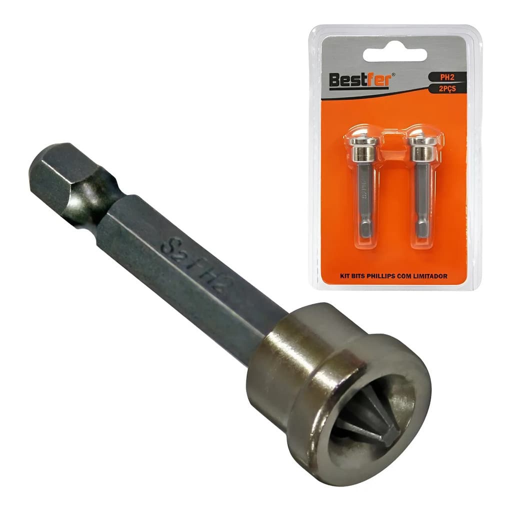 Kit 2 Bits Ponteira Philips Ph2 Com Guia Limitador Para Drywall Longo 50mm