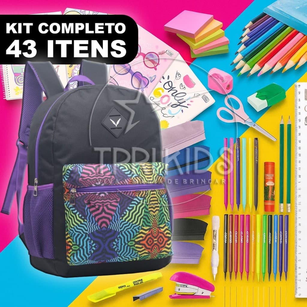 Kit Material Escolar Completo 43 Itens Mochila Menina Estojo Caderno Feminina Fundamental Faculdade