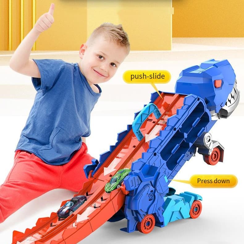 Caminhão Dinossauro T-Rex Ultimate  Maleta + Pista 110cm  Carrinhos 3 em 1 Transformável come Carros