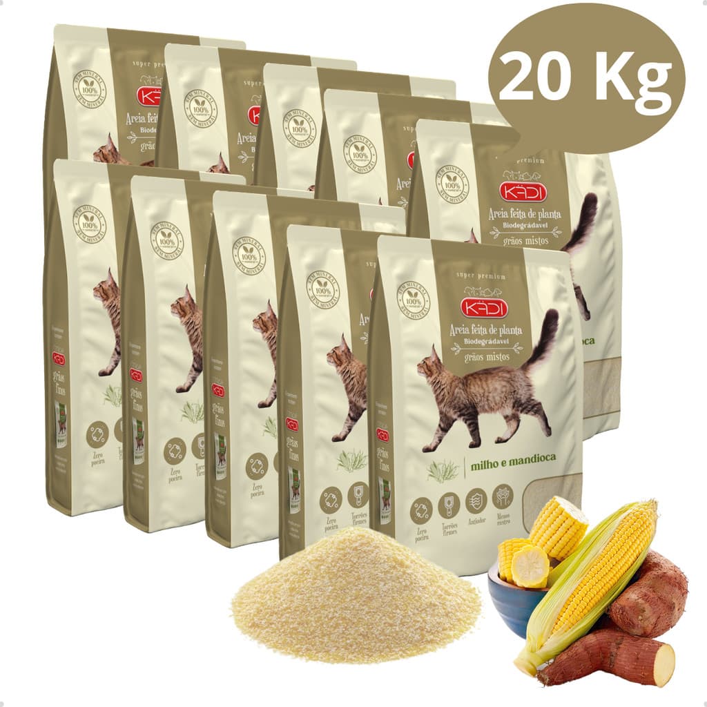 Kit 10 Areia Sanitária Higiênica Natural Biodegradável Grãos Mistos Milho e Mandioca Gatos Kadi 20kg