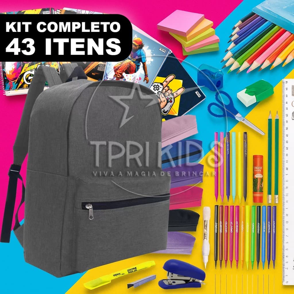 Kit Material Escolar Completo 43 Itens Mochila Menino Cinza Estojo Caderno Fundamental Faculdade