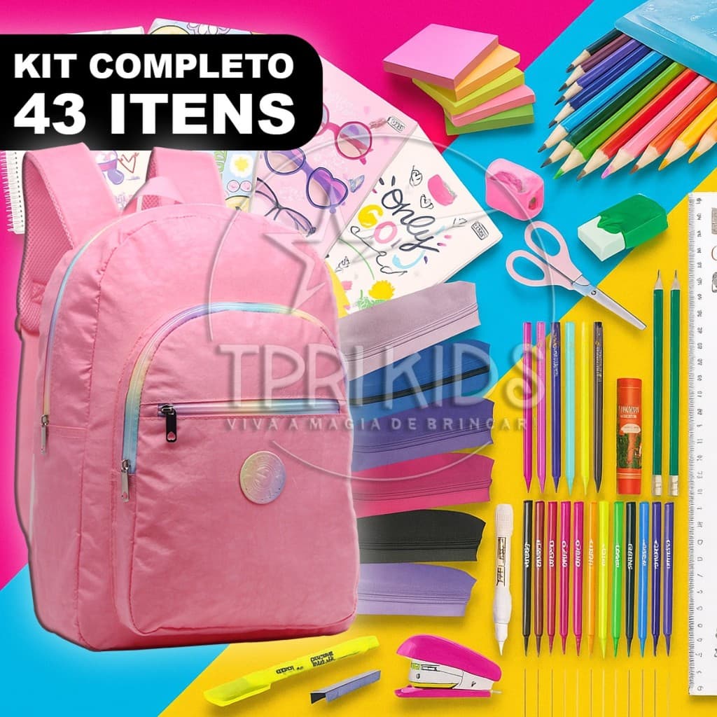 Kit Material Escolar Completo 43 Itens Mochila Menina Pink Rosa Estojo Caderno Fundamental Faculdade