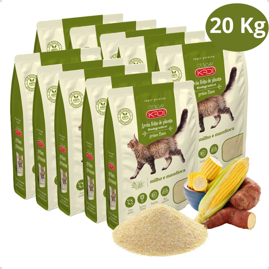 Kit 10 Areia Sanitária Higiênica Natural Biodegradável Grãos Finos Milho e Mandioca Gatos Kadi 20 kg