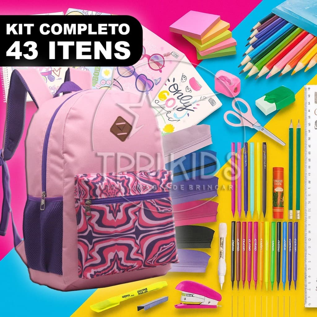 Kit Material Escolar Completo Mochila Menina Roxa Ensino Fundamental Estojo Caderno Faculdade Fofa