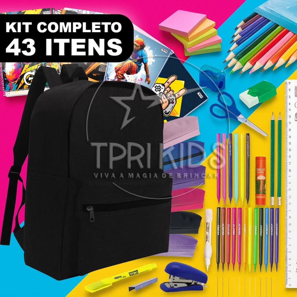 Kit Material Escolar Completo 43 Itens Mochila Menino Preta Estojo Caderno Fundamental Faculdade