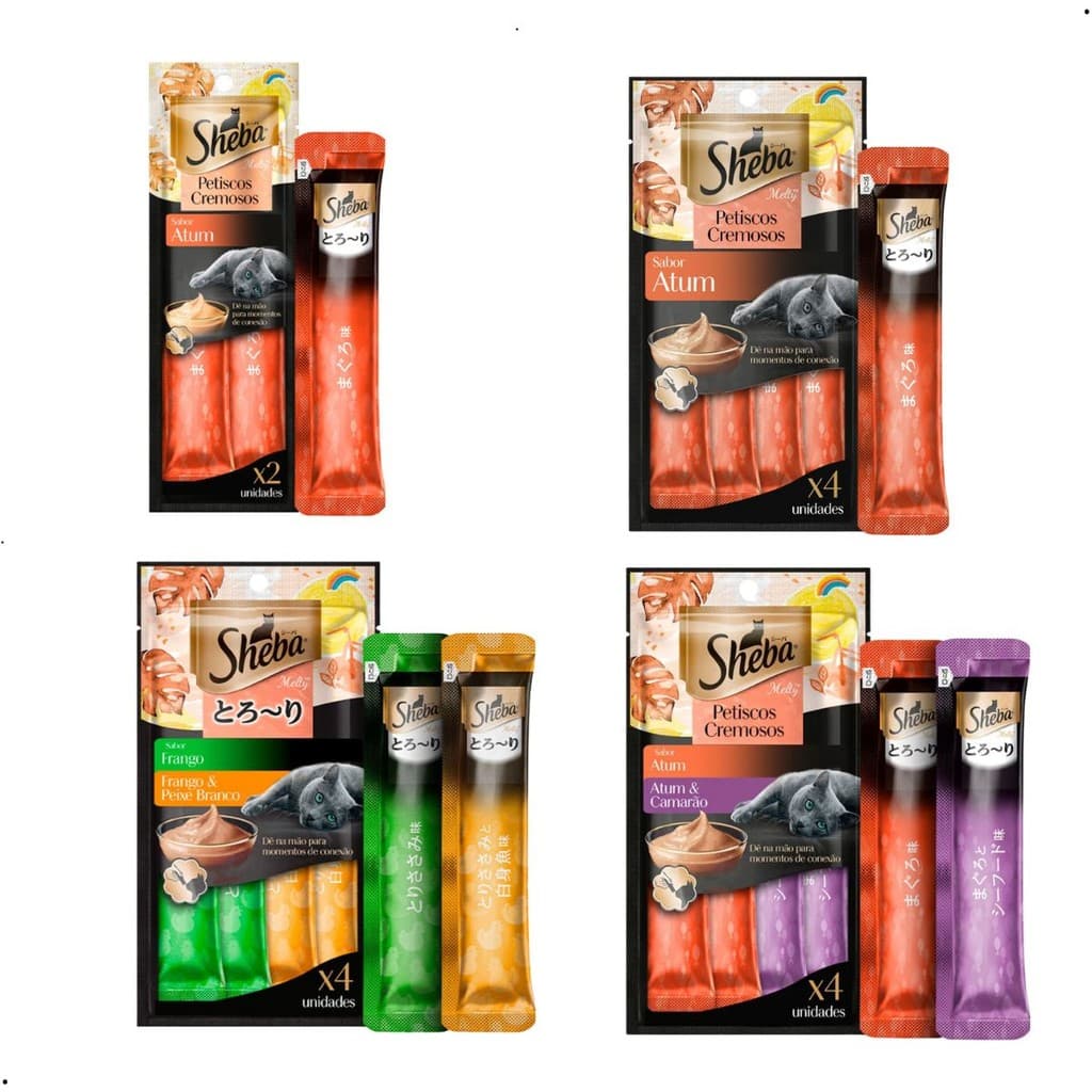 Sheba Petiscos Cremosos Gato Adulto Petisco para Gato Sheba Sachê Frango Peixe Branco Atum Camarão