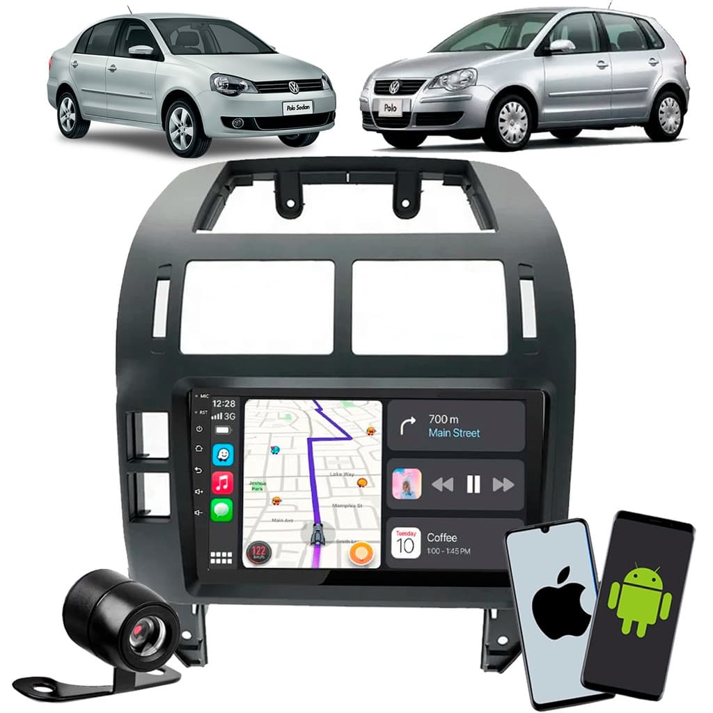 Central Multimídia Polo 2003 à 2011 Com Carplay Android Auto Sem Fio Bluetooth + Câmera de Ré + Moldura