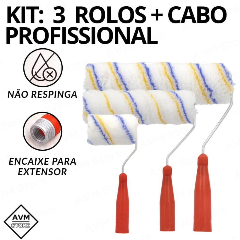 Rolo de Pintura Antirrespingo Lã Profissional 25cm + Cabo Ergonômico Premium Tinta Parede