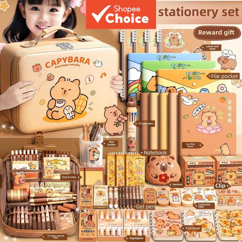  Conjunto de Material Escolar Capivara Caixa de Presente de Grande Capacidade Kit Escolar Fofo Estojo de Lápis Material