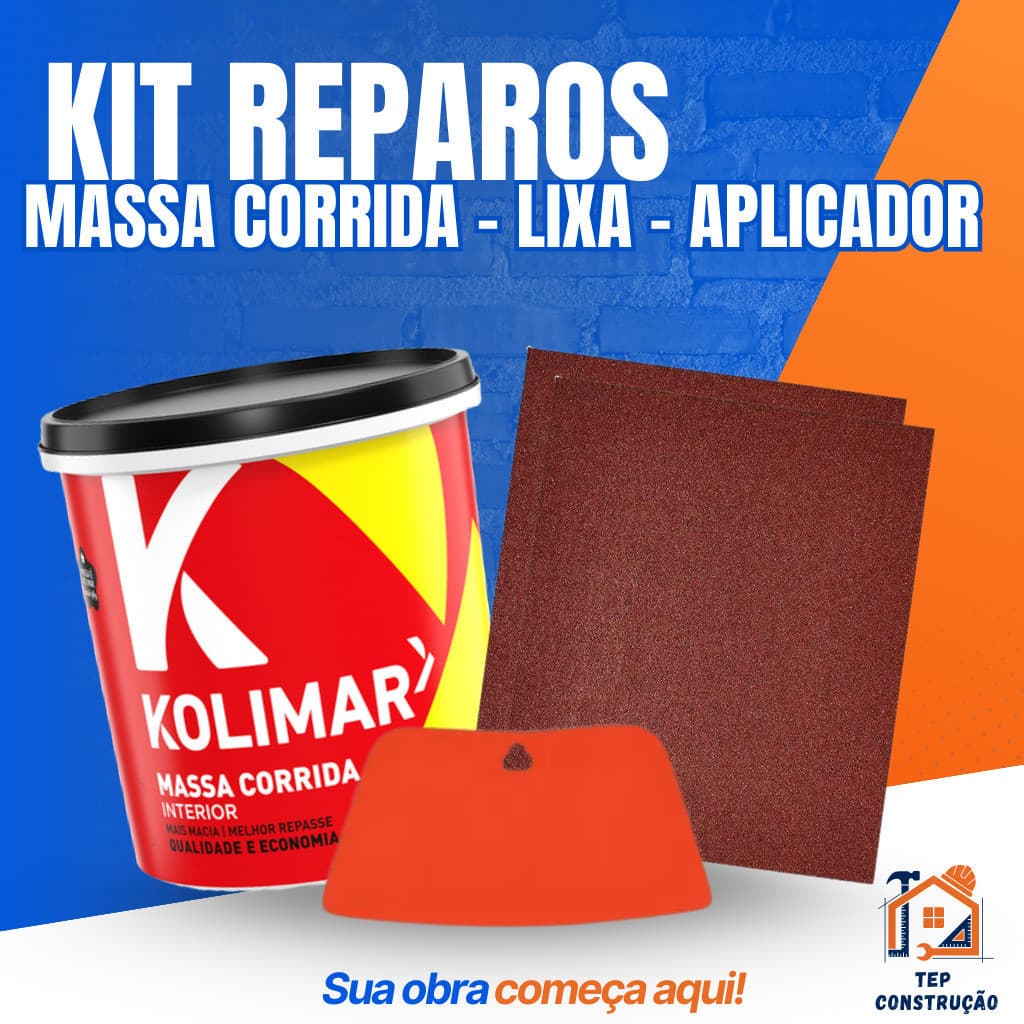 Massa Corrida PVA Kolimar 1,4kg + 2 Lixas de Parede 120 + Aplicador Reparo