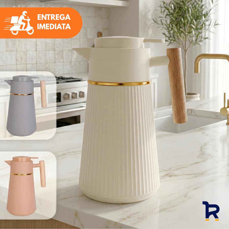 Garrafa Térmica Café Berlim 1L Luxo Dourada Cabo de Madeira Cafeteira Chá Água Decorativo Mesa Posta