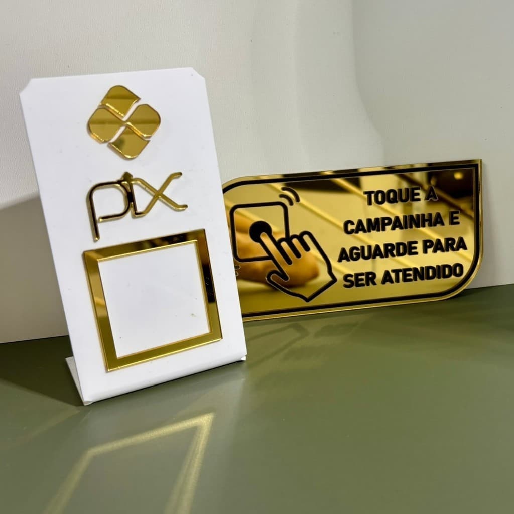 Kit Sinalização De Balcão: Placa Pix Qr Code + Placa Campainha Acrílico Espelhado