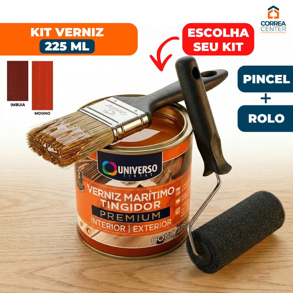 Verniz Maritimo Universo 225ml Madeira Kit Pintura Rolinho Trincha Pincel Brilhante Móveis Porta Janela Interno Externo