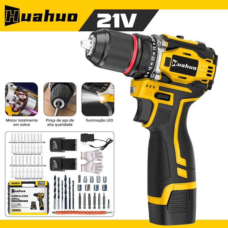 【110V/220V】Parafusadeira Furadeira 21V 2 Baterias Sem Fio Impacto Com Maleta Completo