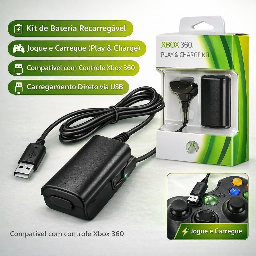 Kit Bateria Recarregável Xbox 360 Controle + Cabo USB 1.4m Play & Charge Sem Pilhas Alta Duração