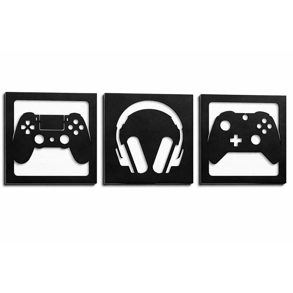Kit 3 Quadros Gamer MDF 30x30cm Vazado Controle Headset Decoração Setup Quarto Gamer Preto