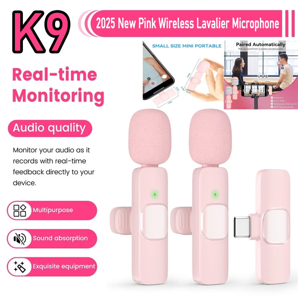 Microfone Sem Fio K9, Microfone de Lapela para Ensino, Mini Microfone para Vlog, Videoke e Transmissão ao Vivo