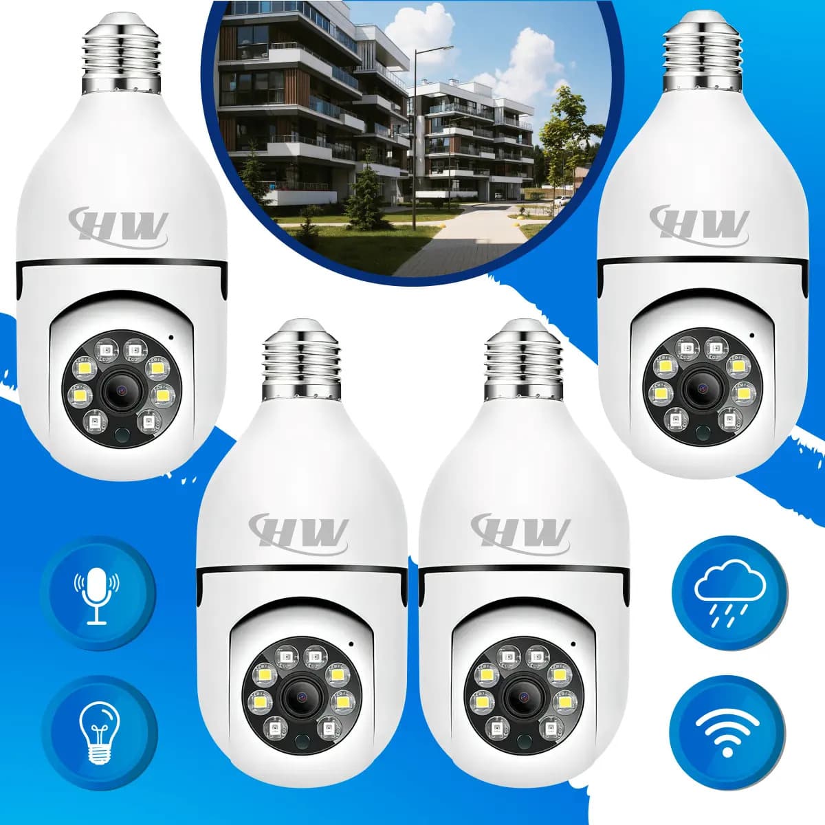 Kit com 4 Câmeras Lâmpada WiFi E27 360° Full HD, Visão Noturna, Áudio, Sensor Movimento, App Yoosee Monitoramento 24h Fácil Instalação Segurança Residencial Imagem Nítida e Acesso Remoto - HW
