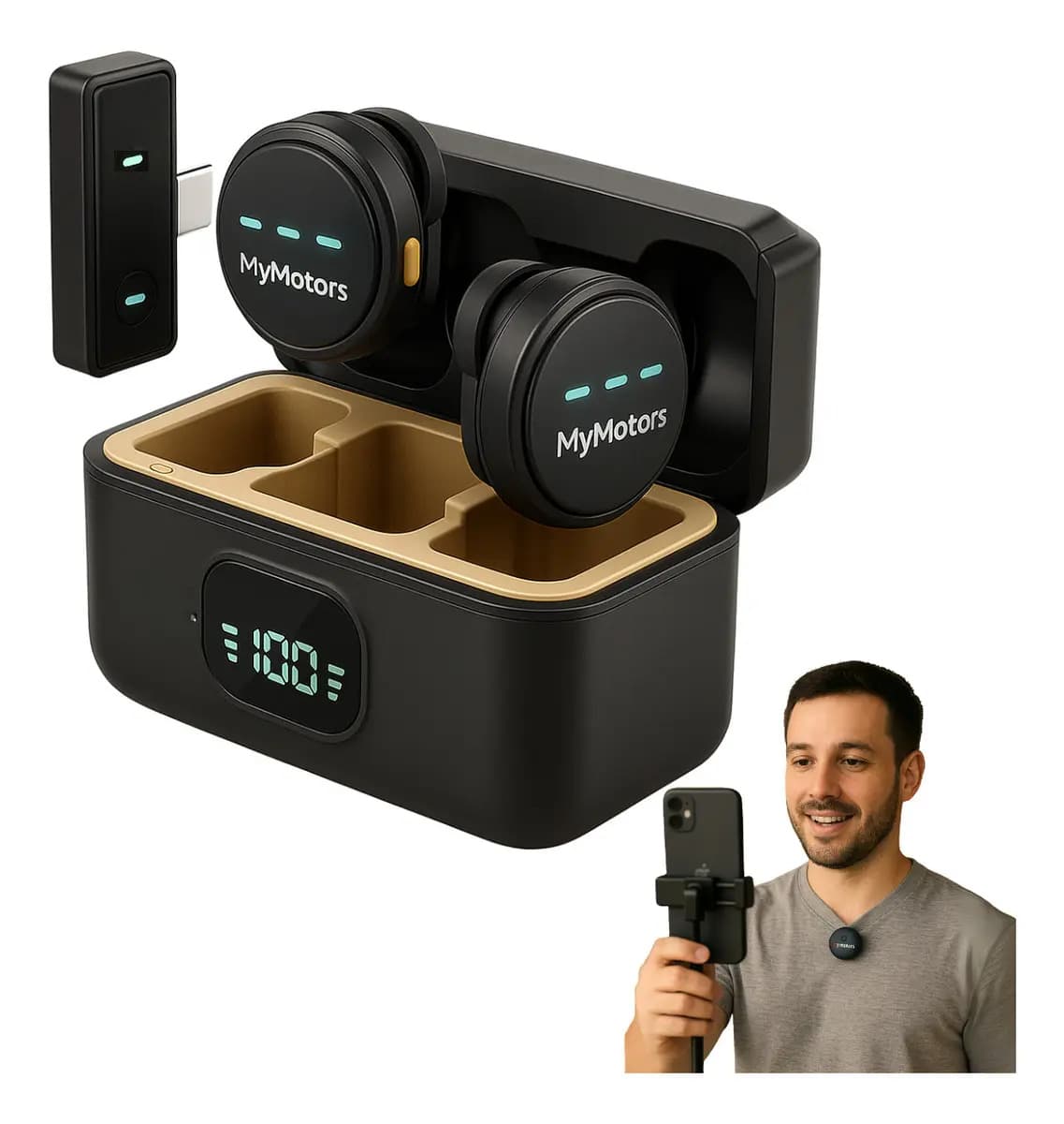 Microfone Lapela Redondo Imã Sem Fio Tipo C Preto Anti Ruído Duplo Mymotors Para Android E iPhone 15 16 E 17