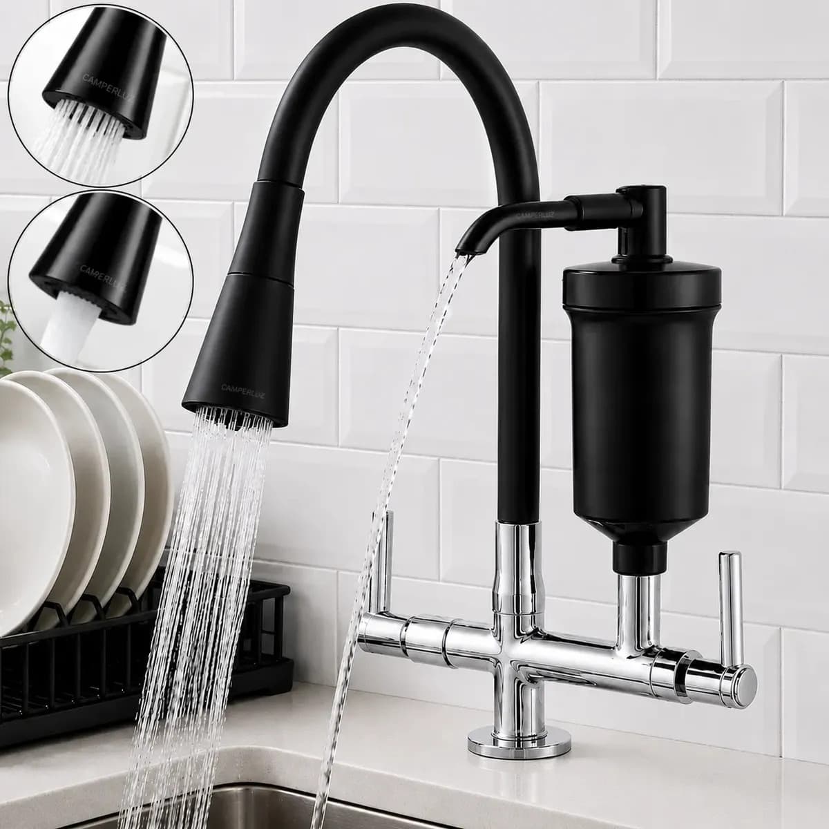 Torneira Gourmet Com Filtro Purificador De Água Flexível Pia Cozinha Bica De Bancada Cuba 2 Jatos Cor Preto - Marca Camperluz