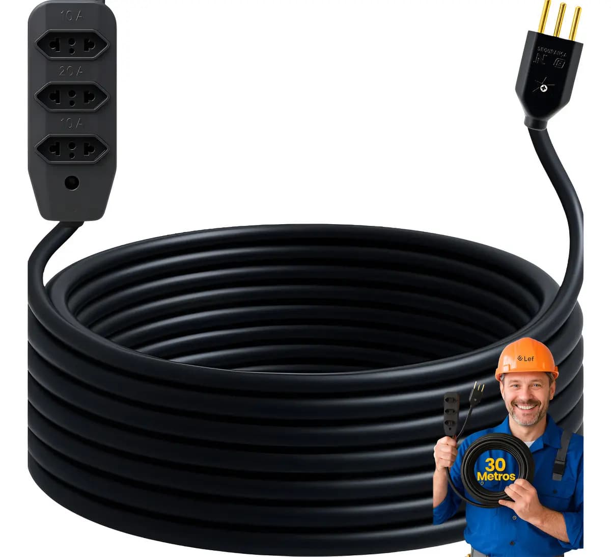Extensão 30metros Cabo Pp Reforçada Obra Profissional 10/20a Cor Preto LEF