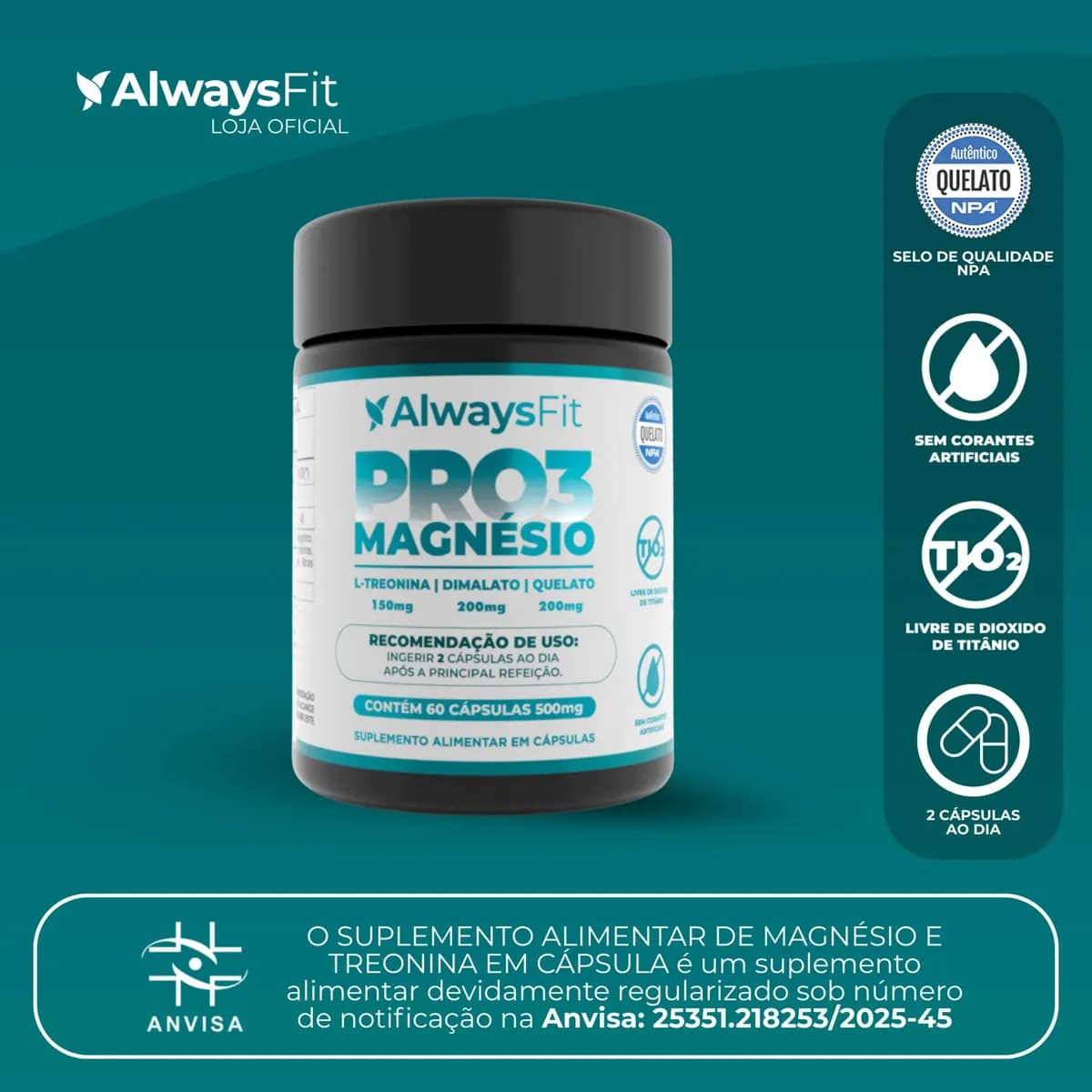 Pro3Magnésio Always Fit Kit 3 Magnésio Treonato Quelato Dimalato 60 Cápsulas