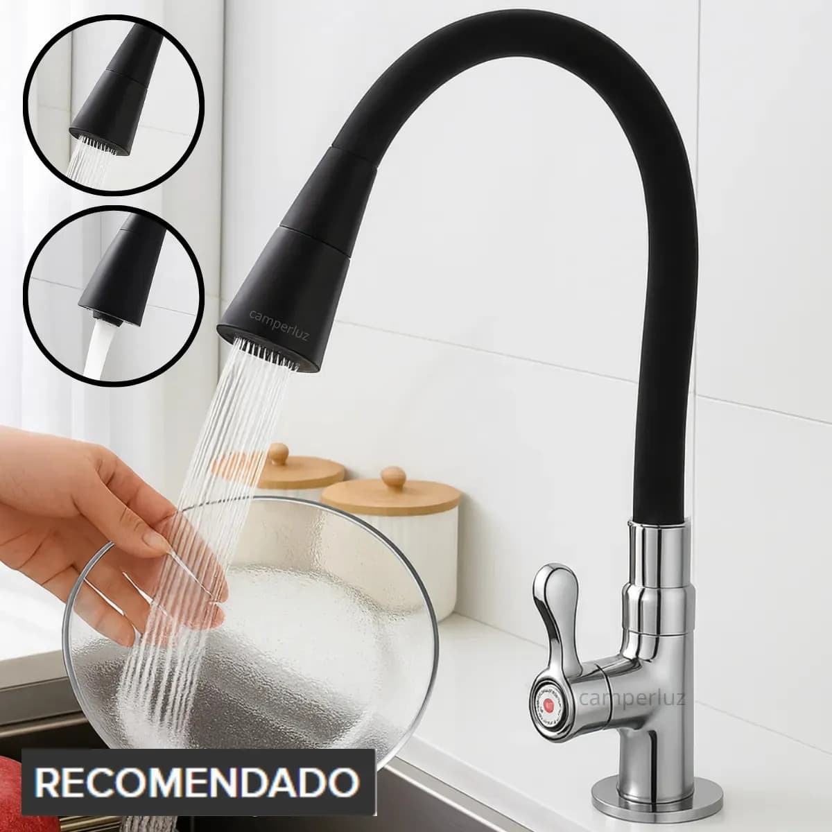 Torneira Gourmet Luxo Flexível Cozinha Cuba/Bancada 2 Jatos Turbo Cor Preto - Marca Camperluz