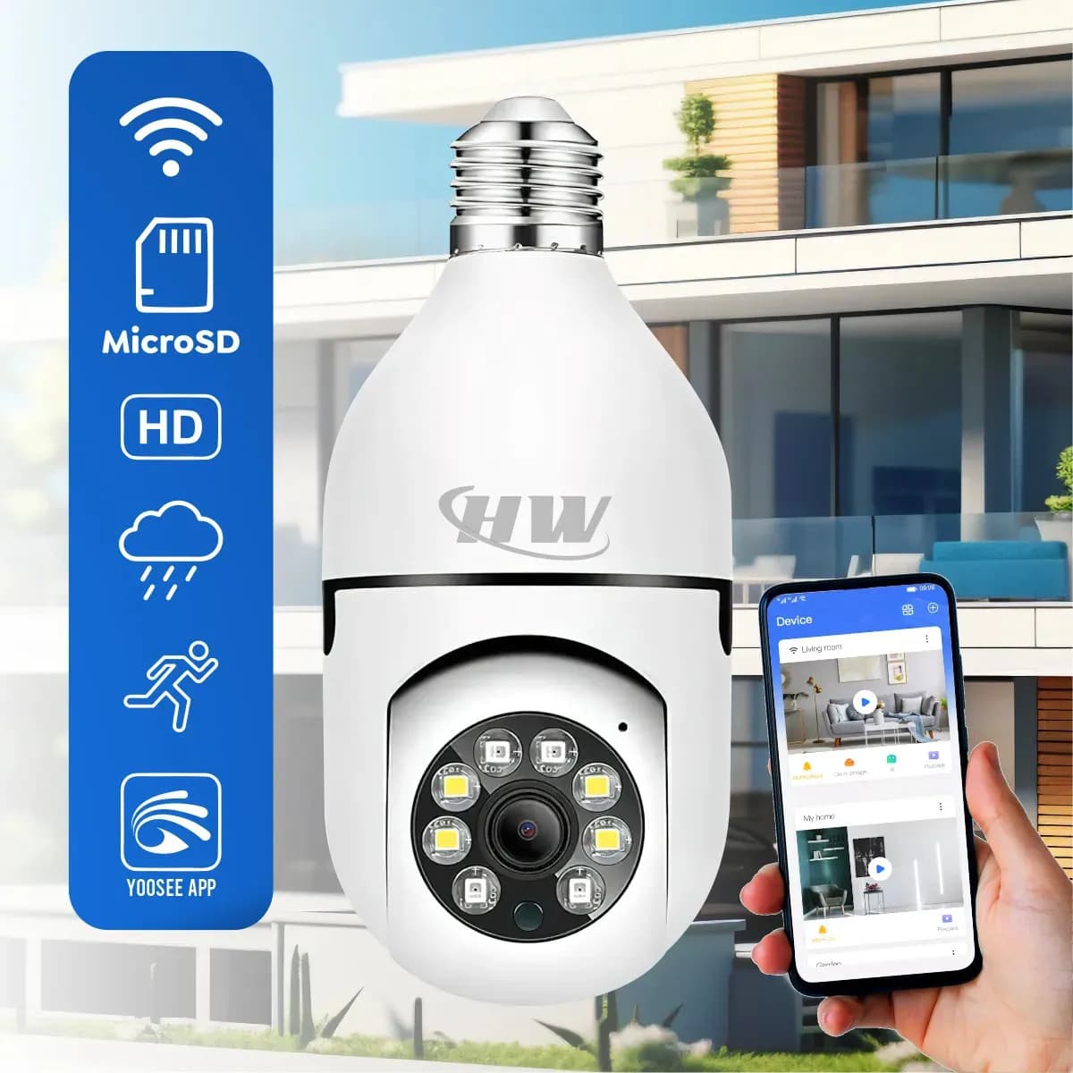 Câmera de Segurança IP Wi-Fi Lâmpada E27 HW 360° Full HD com Visão Noturna e Áudio - HW