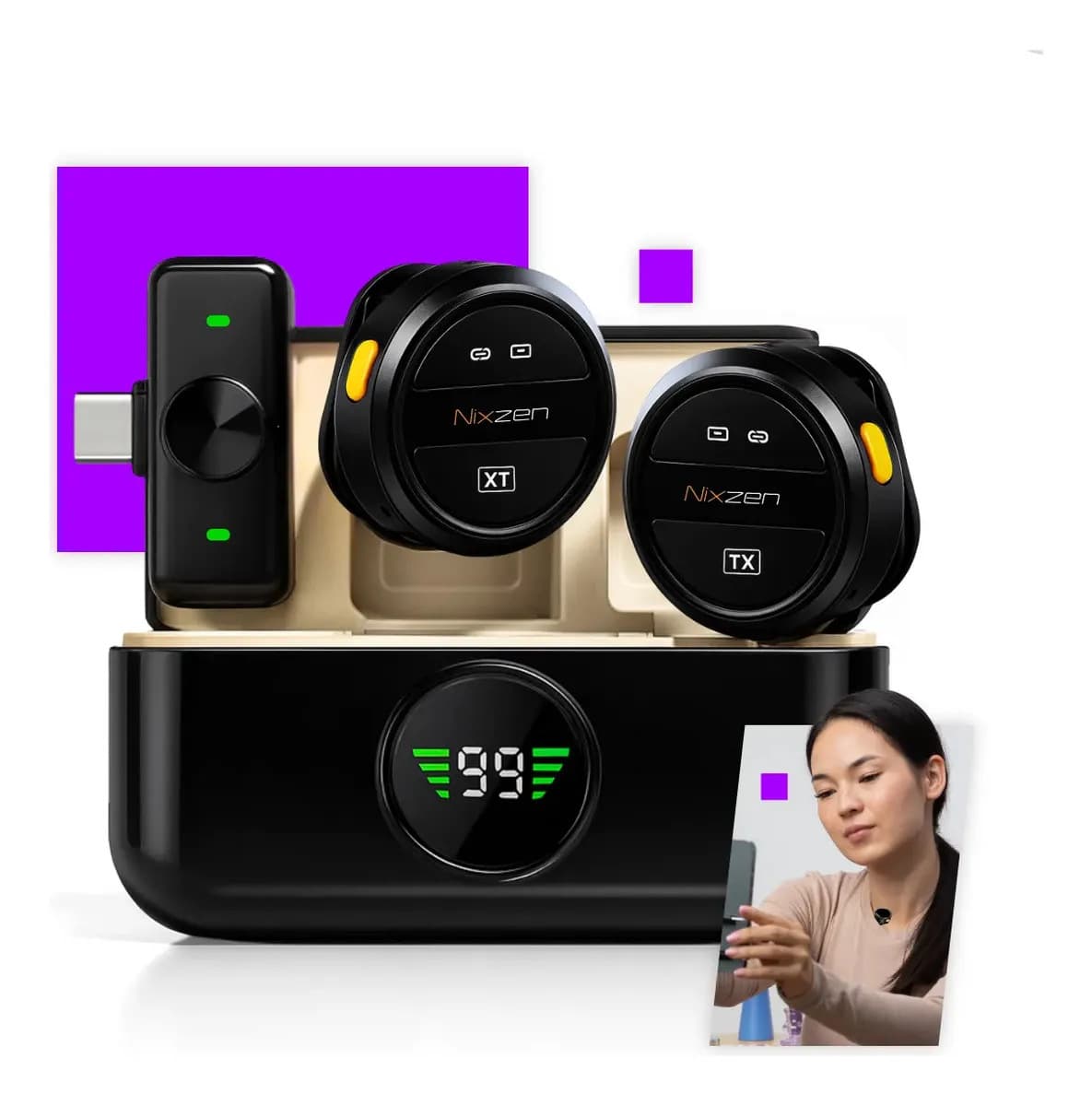 Microfone Lapela Redondo Sem Fio Tipo-C Duplo Anti Ruído P/ Android E iPhone 15 16 17 Com Caixinha Para Carregamento Cor Preto Nixzen